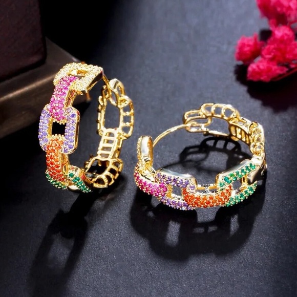 Multi Colored CZ Chain Link Gold Hoop Earrings - Picture 5 of 6
